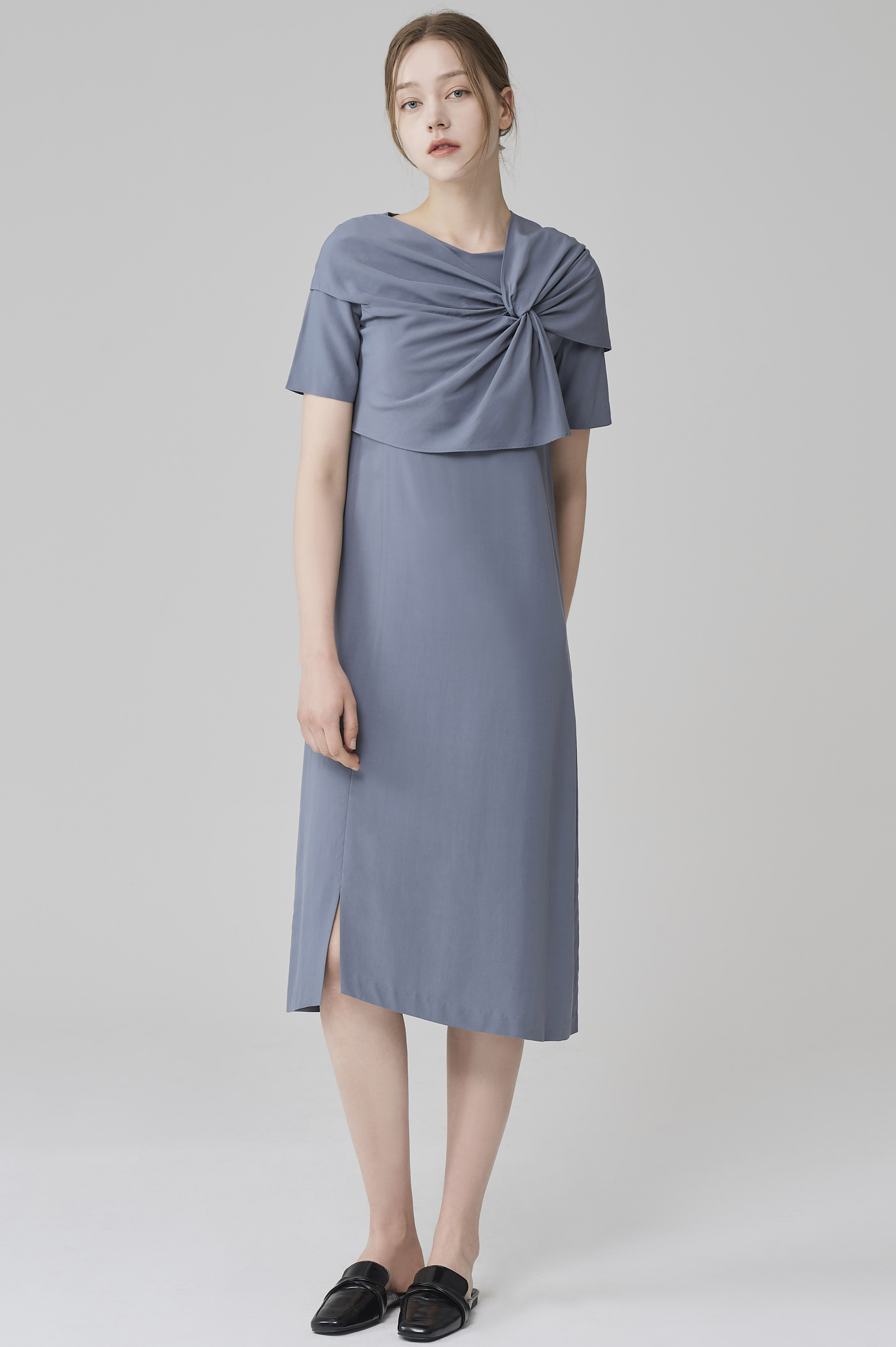 SILK INTERLACED SHORT SLEEVED DRESS-cerulean, 혜영킴, HYEYEONG KIM designer brand