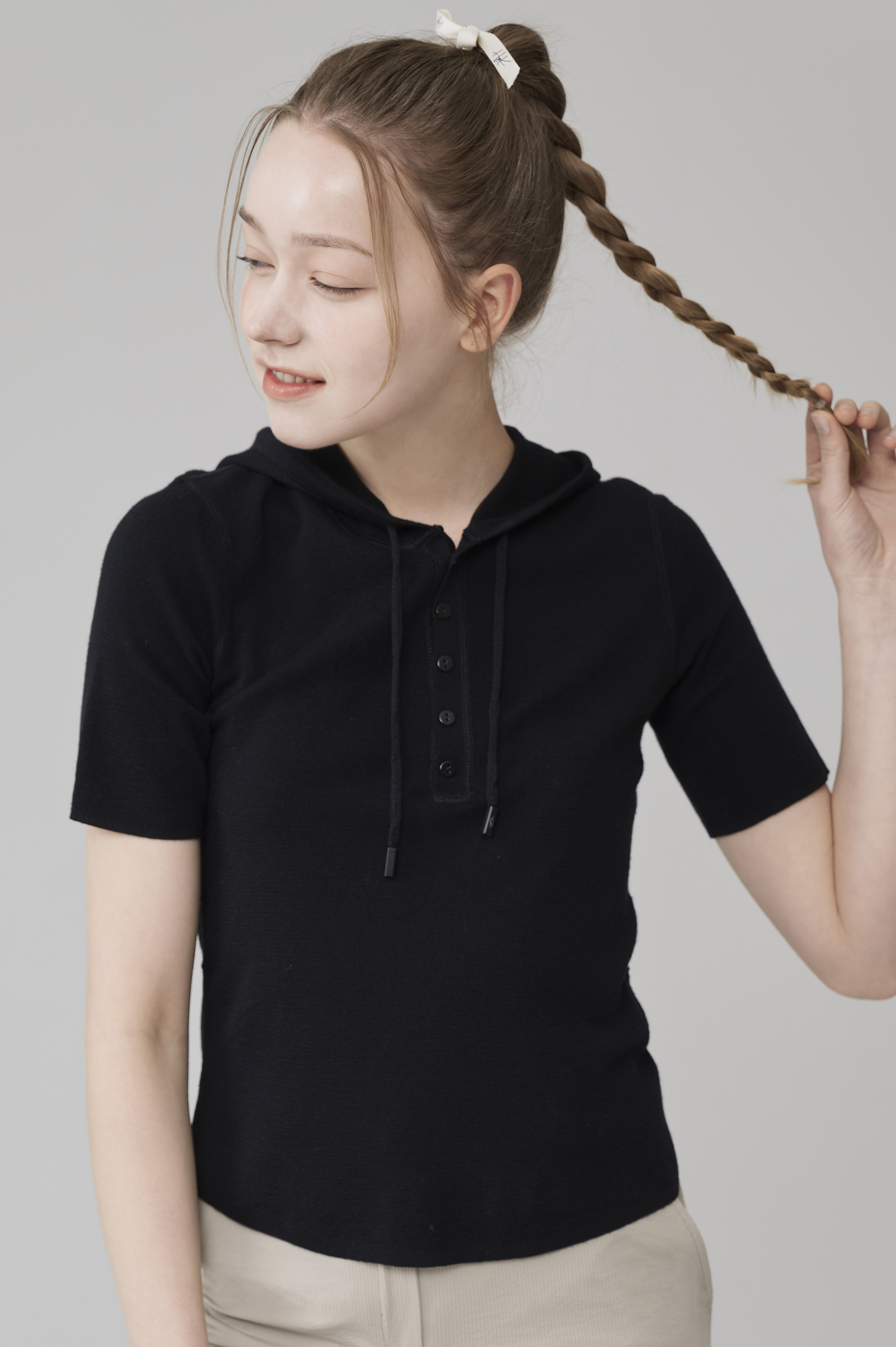 WOOL HOOD KNITTED SHORT SLEEVED TOP-black, 혜영킴, HYEYEONG KIM designer brand